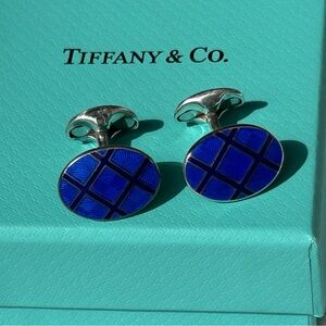 Tiffany & Co. Sterling Silver and Blue Plaid Cufflinks